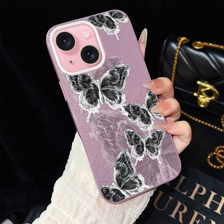For iPhone 15 Sketch Butterflies Pattern IMD Glitter PC Hybrid TPU Phone Case