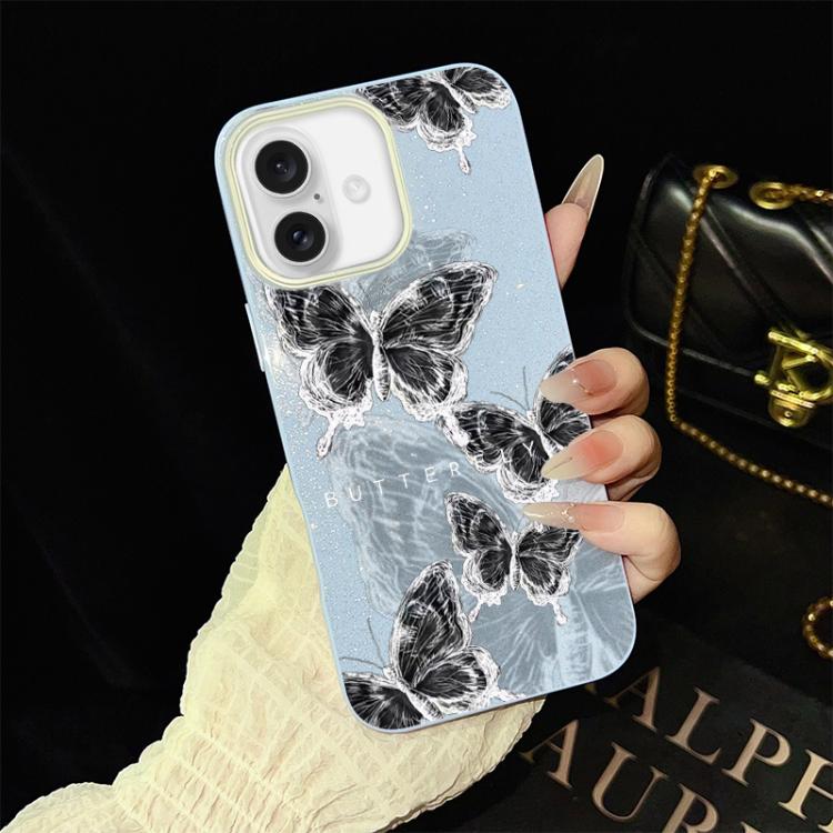 For iPhone 16 Sketch Butterflies Pattern IMD Glitter PC Hybrid TPU Phone Case