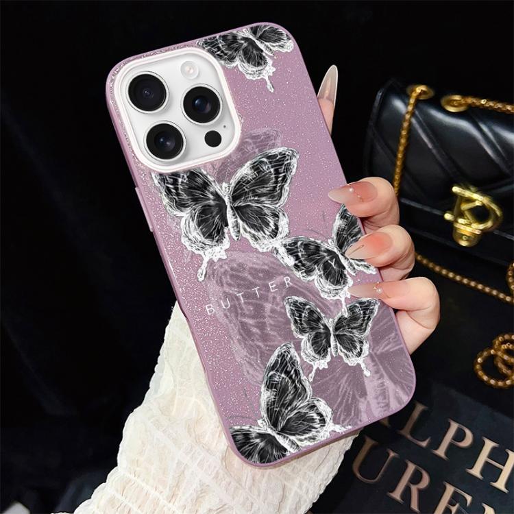 For iPhone 16 Pro Sketch Butterflies Pattern IMD Glitter PC Hybrid TPU Phone Case
