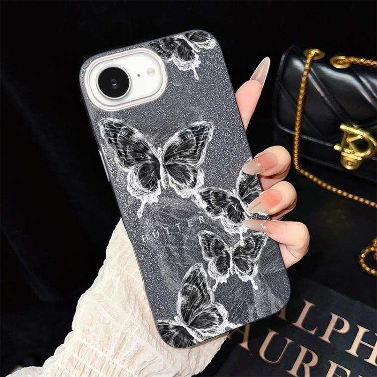 For iPhone 17e / 16e Sketch Butterflies Pattern IMD Glitter PC Hybrid TPU Phone Case
