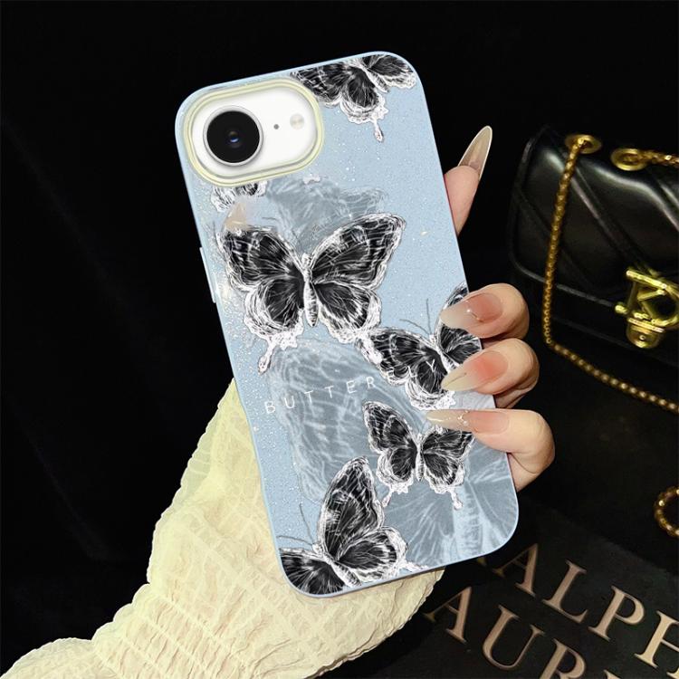 For iPhone 17e / 16e Sketch Butterflies Pattern IMD Glitter PC Hybrid TPU Phone Case