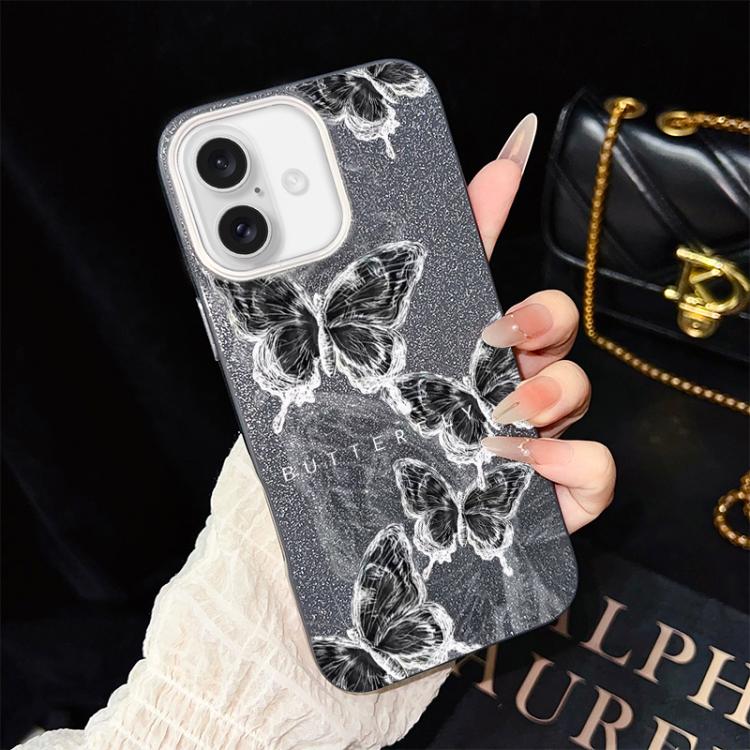 For iPhone 17 Sketch Butterflies Pattern IMD Glitter PC Hybrid TPU Phone Case