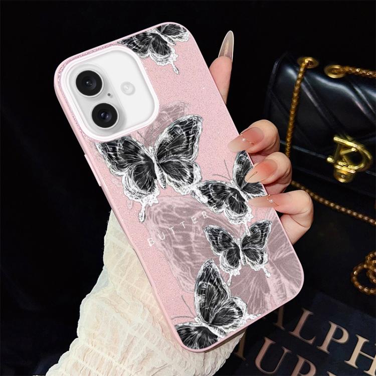For iPhone 17 Sketch Butterflies Pattern IMD Glitter PC Hybrid TPU Phone Case