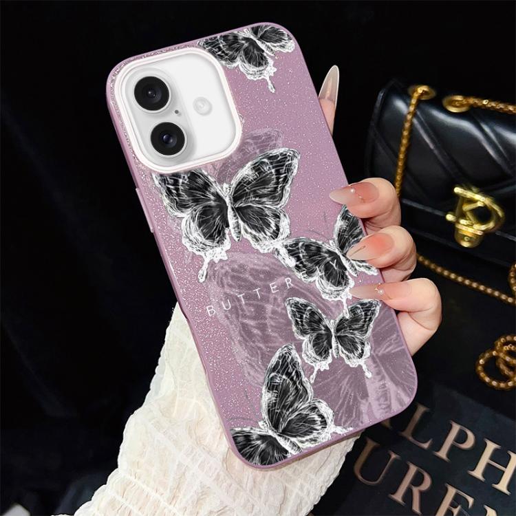 For iPhone 17 Sketch Butterflies Pattern IMD Glitter PC Hybrid TPU Phone Case