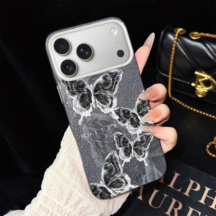 For iPhone 17 Pro Sketch Butterflies Pattern IMD Glitter PC Hybrid TPU Phone Case