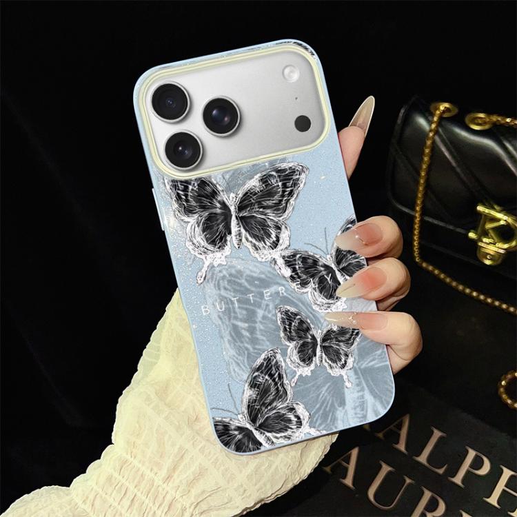 For iPhone 17 Pro Sketch Butterflies Pattern IMD Glitter PC Hybrid TPU Phone Case