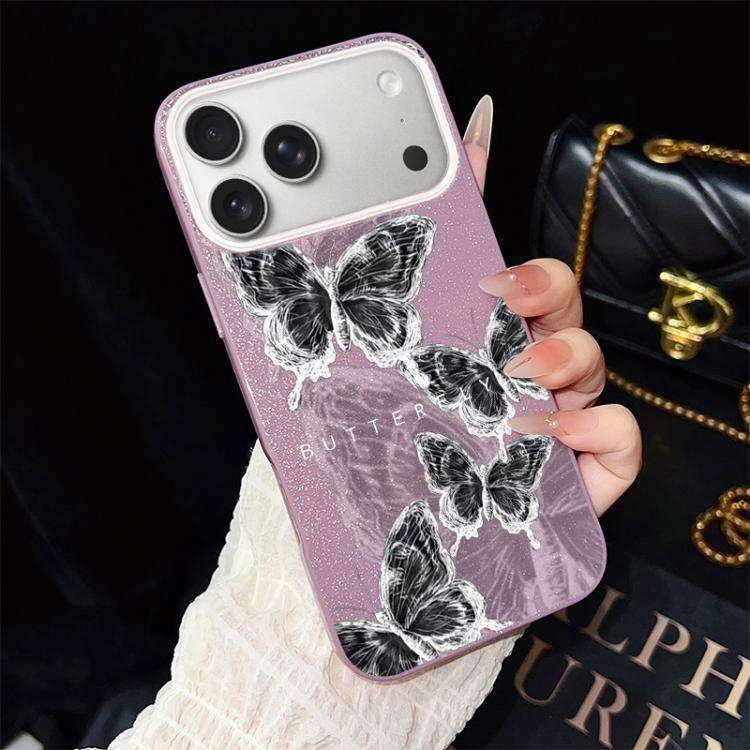 For iPhone 17 Pro Sketch Butterflies Pattern IMD Glitter PC Hybrid TPU Phone Case
