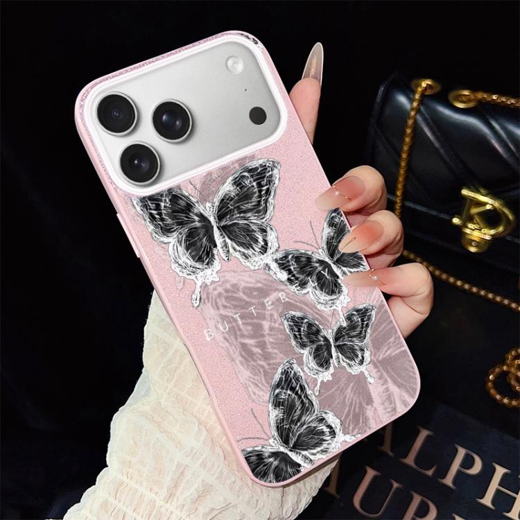 For iPhone 17 Pro Max Sketch Butterflies Pattern IMD Glitter PC Hybrid TPU Phone Case