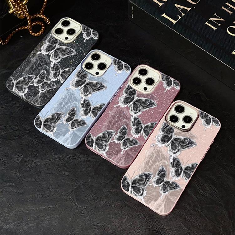 For iPhone XR Sketch Butterflies Pattern IMD Glitter PC Hybrid TPU Phone Case