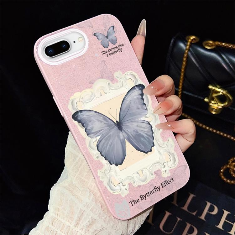 For iPhone 8 Plus / 7 Plus Blue Butterfly Pattern IMD Glitter PC Hybrid TPU Phone Case