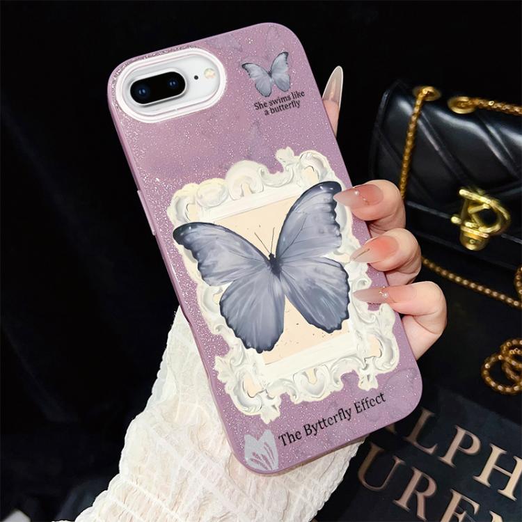 For iPhone 8 Plus / 7 Plus Blue Butterfly Pattern IMD Glitter PC Hybrid TPU Phone Case