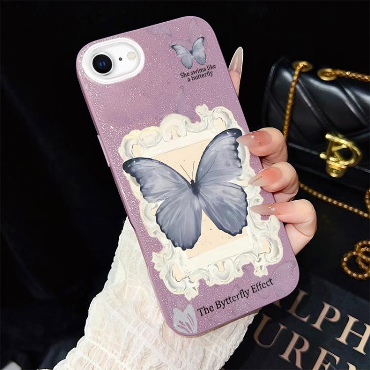 For iPhone SE 2022 / SE 2020 Blue Butterfly Pattern IMD Glitter PC Hybrid TPU Phone Case