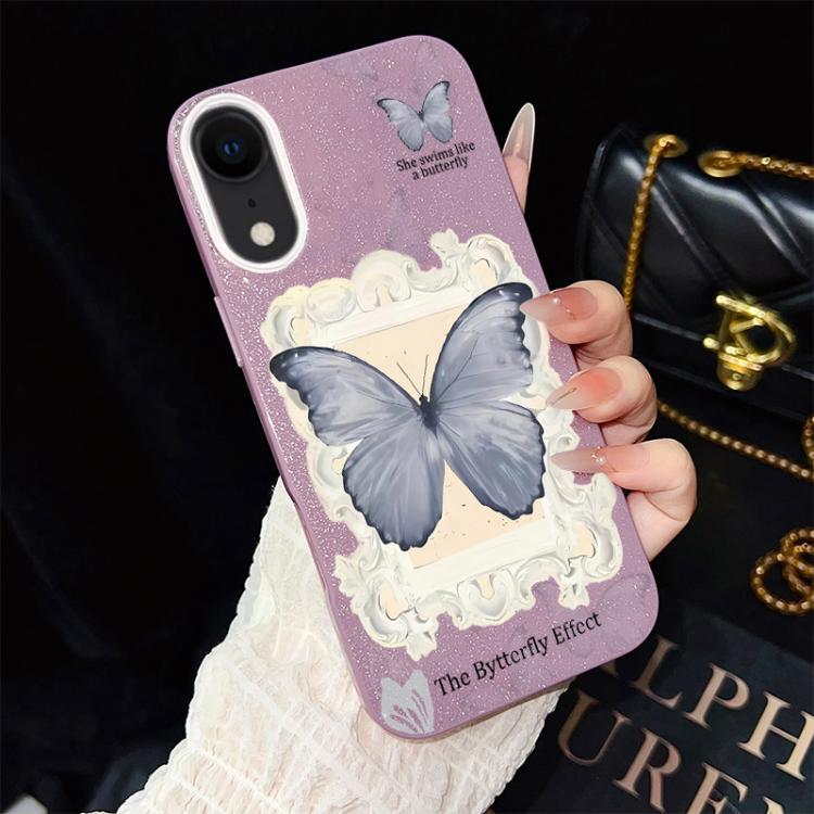 For iPhone XR Blue Butterfly Pattern IMD Glitter PC Hybrid TPU Phone Case