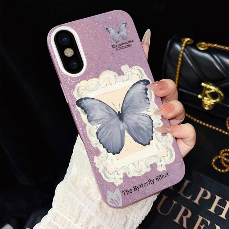 For iPhone XS Max Blue Butterfly Pattern IMD Glitter PC Hybrid TPU Phone Case