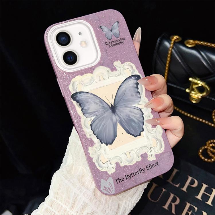 For iPhone 12 Blue Butterfly Pattern IMD Glitter PC Hybrid TPU Phone Case