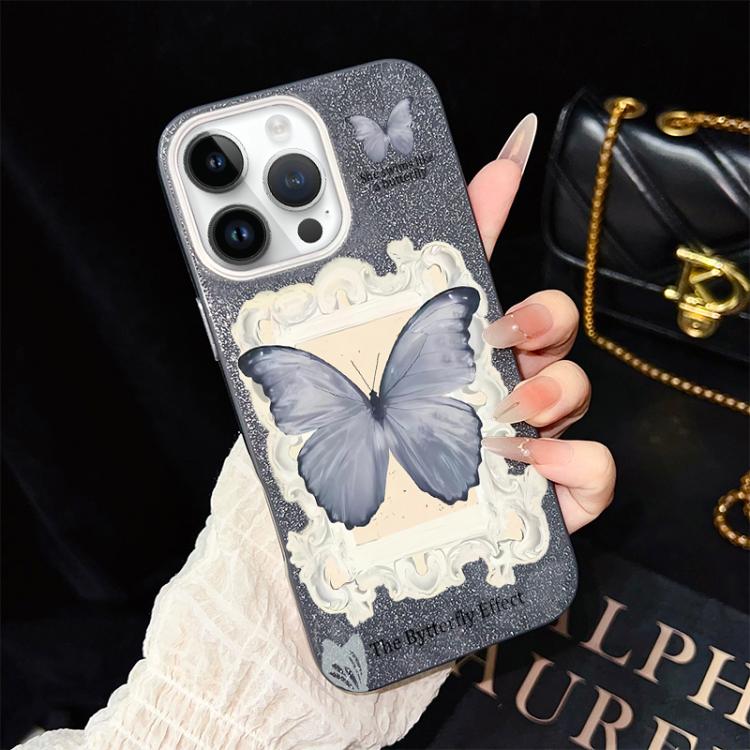 For iPhone 12 Pro Blue Butterfly Pattern IMD Glitter PC Hybrid TPU Phone Case