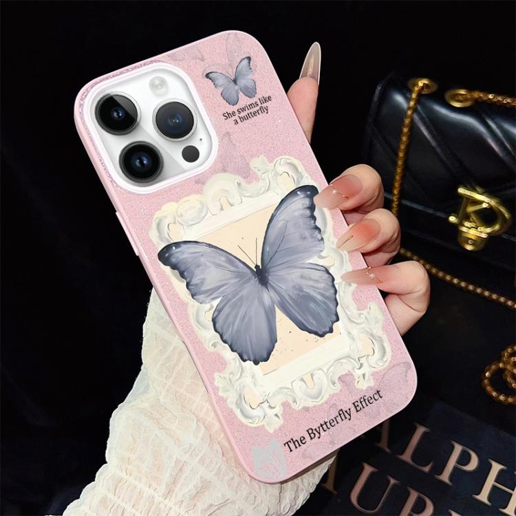 For iPhone 12 Pro Blue Butterfly Pattern IMD Glitter PC Hybrid TPU Phone Case