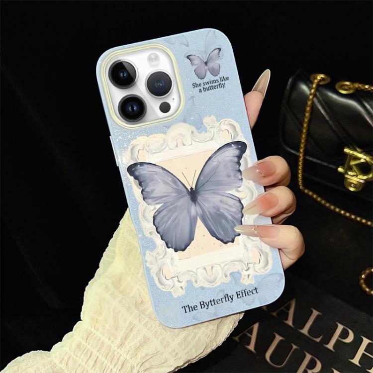 For iPhone 13 Pro Blue Butterfly Pattern IMD Glitter PC Hybrid TPU Phone Case