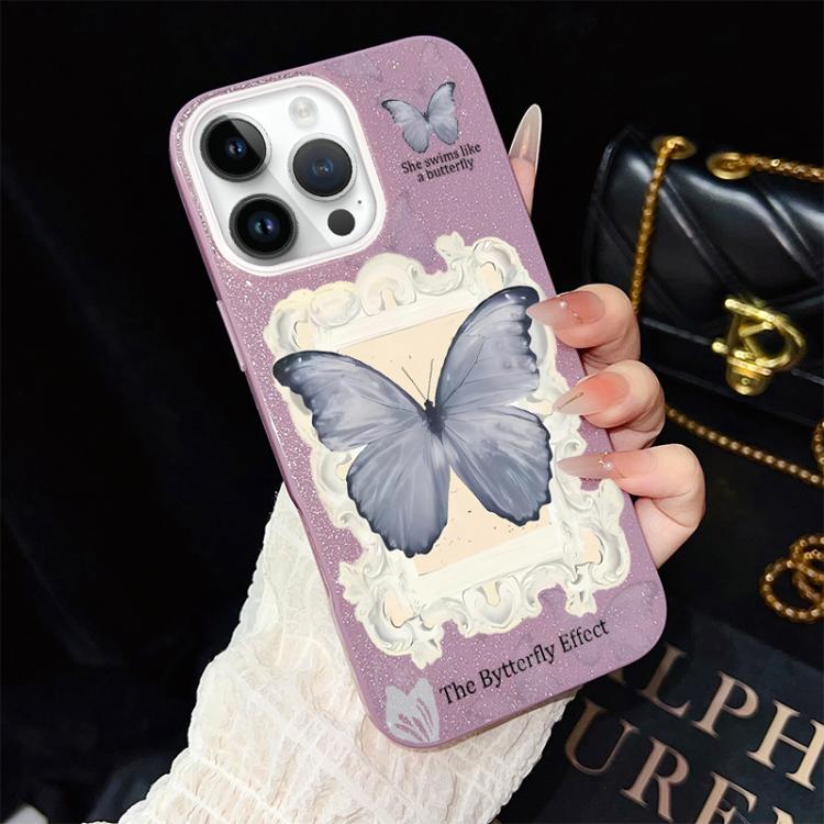 For iPhone 13 Pro Blue Butterfly Pattern IMD Glitter PC Hybrid TPU Phone Case