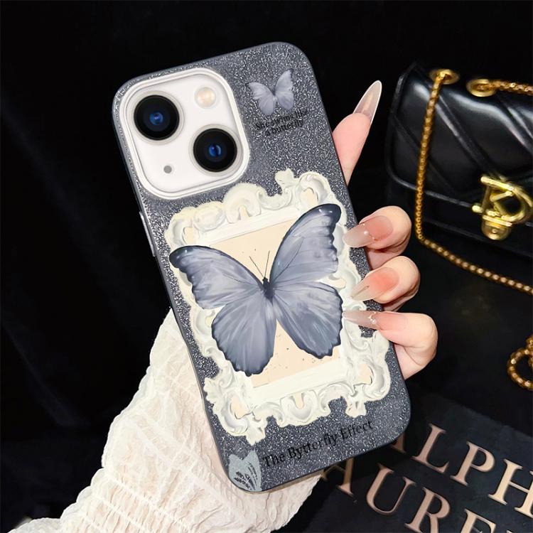 For iPhone 14 Blue Butterfly Pattern IMD Glitter PC Hybrid TPU Phone Case