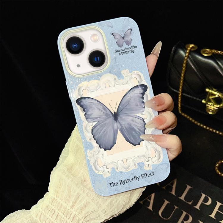 For iPhone 14 Blue Butterfly Pattern IMD Glitter PC Hybrid TPU Phone Case