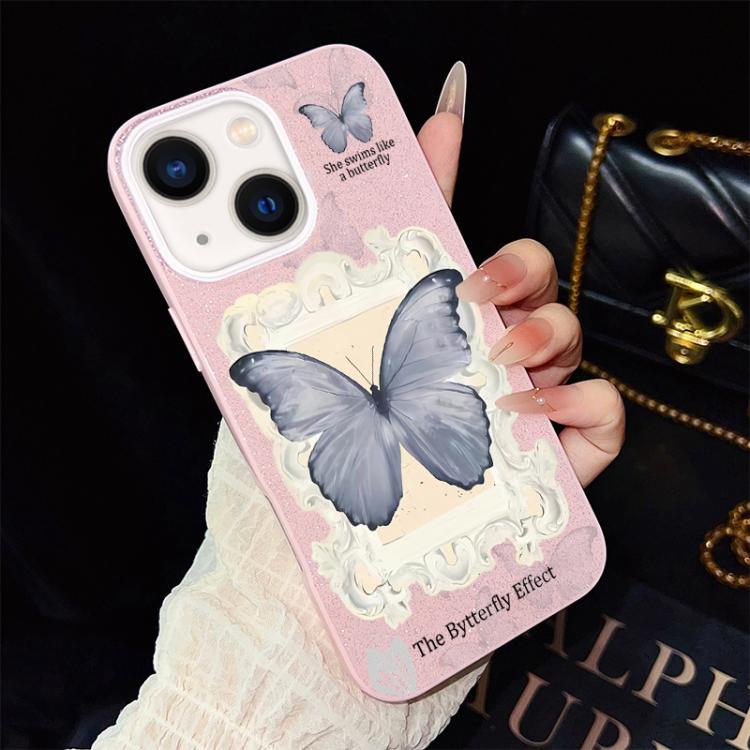 For iPhone 14 Plus Blue Butterfly Pattern IMD Glitter PC Hybrid TPU Phone Case