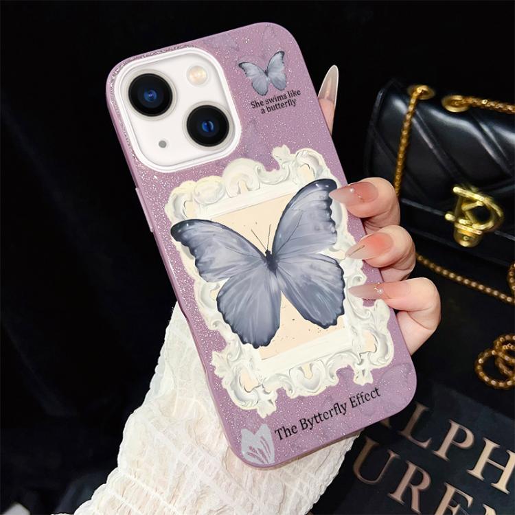For iPhone 14 Plus Blue Butterfly Pattern IMD Glitter PC Hybrid TPU Phone Case