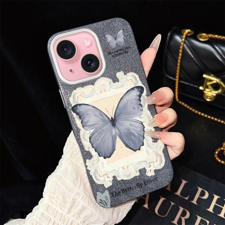 For iPhone 15 Blue Butterfly Pattern IMD Glitter PC Hybrid TPU Phone Case