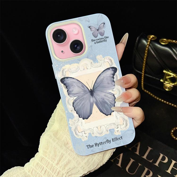 For iPhone 15 Plus Blue Butterfly Pattern IMD Glitter PC Hybrid TPU Phone Case