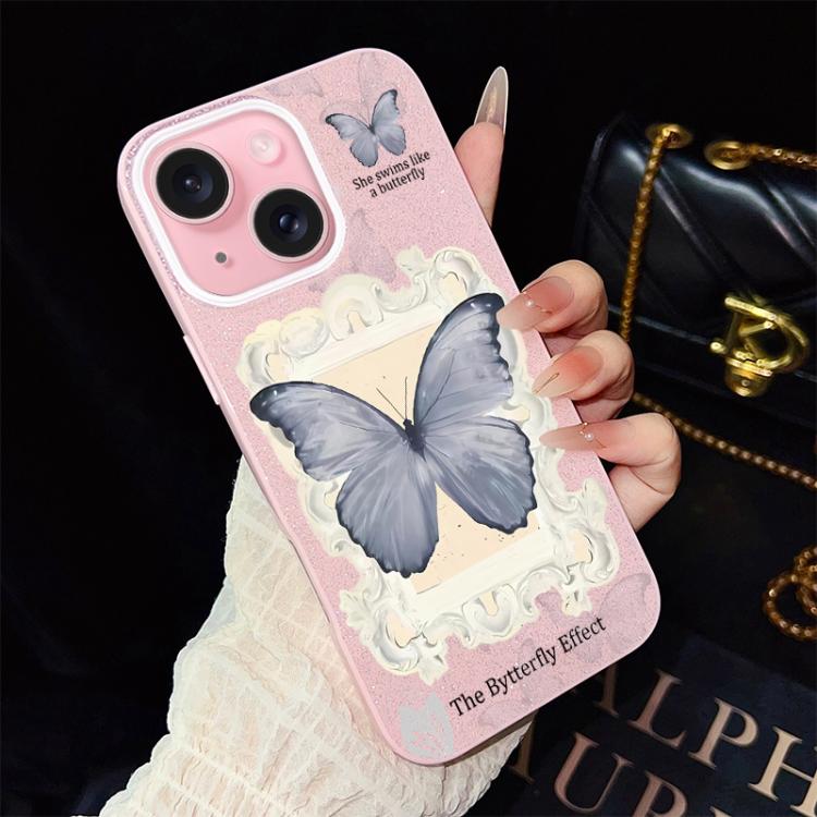 For iPhone 15 Plus Blue Butterfly Pattern IMD Glitter PC Hybrid TPU Phone Case