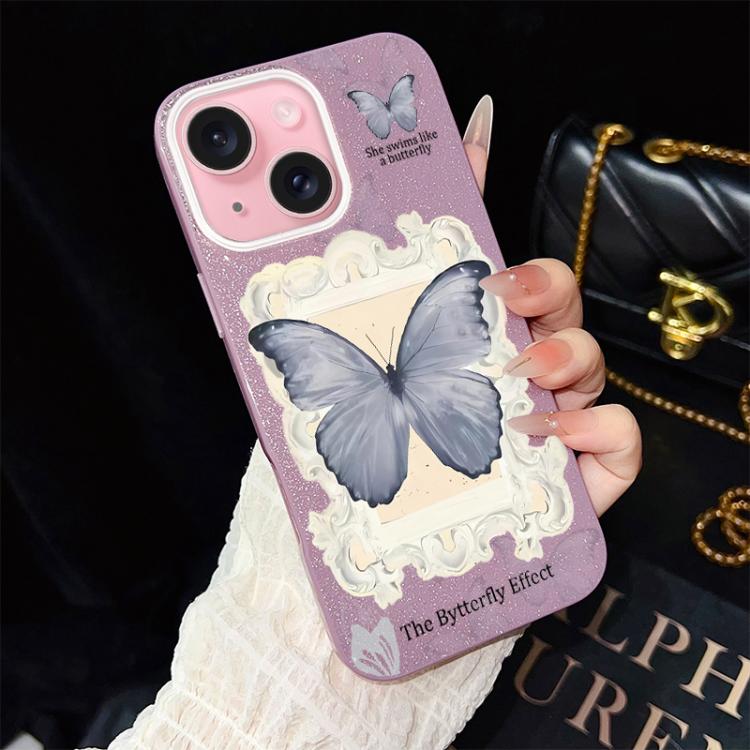 For iPhone 15 Plus Blue Butterfly Pattern IMD Glitter PC Hybrid TPU Phone Case