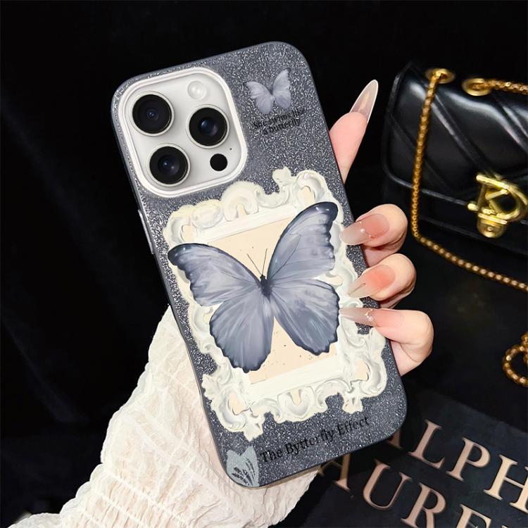 For iPhone 15 Pro Blue Butterfly Pattern IMD Glitter PC Hybrid TPU Phone Case