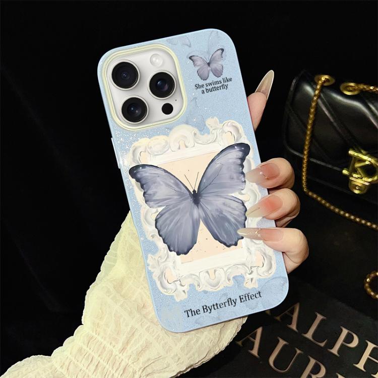 For iPhone 15 Pro Blue Butterfly Pattern IMD Glitter PC Hybrid TPU Phone Case