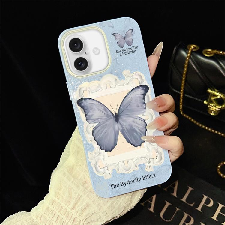 For iPhone 16 Blue Butterfly Pattern IMD Glitter PC Hybrid TPU Phone Case