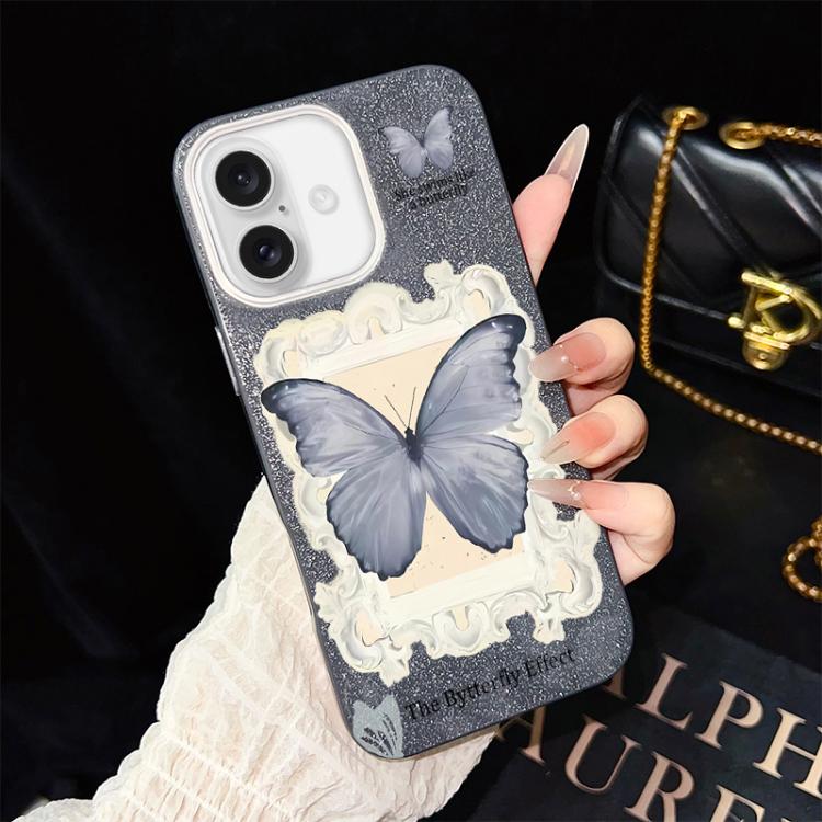 For iPhone 16 Plus Blue Butterfly Pattern IMD Glitter PC Hybrid TPU Phone Case