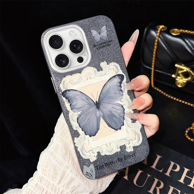 For iPhone 16 Pro Max Blue Butterfly Pattern IMD Glitter PC Hybrid TPU Phone Case