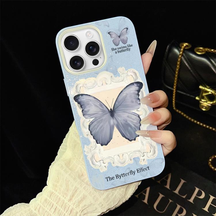 For iPhone 16 Pro Max Blue Butterfly Pattern IMD Glitter PC Hybrid TPU Phone Case