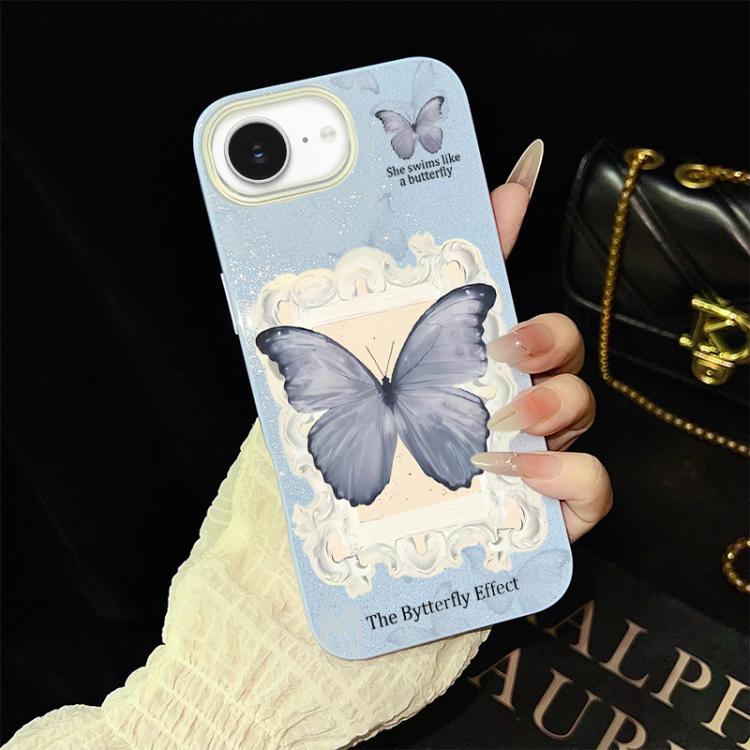 For iPhone 17e / 16e Blue Butterfly Pattern IMD Glitter PC Hybrid TPU Phone Case