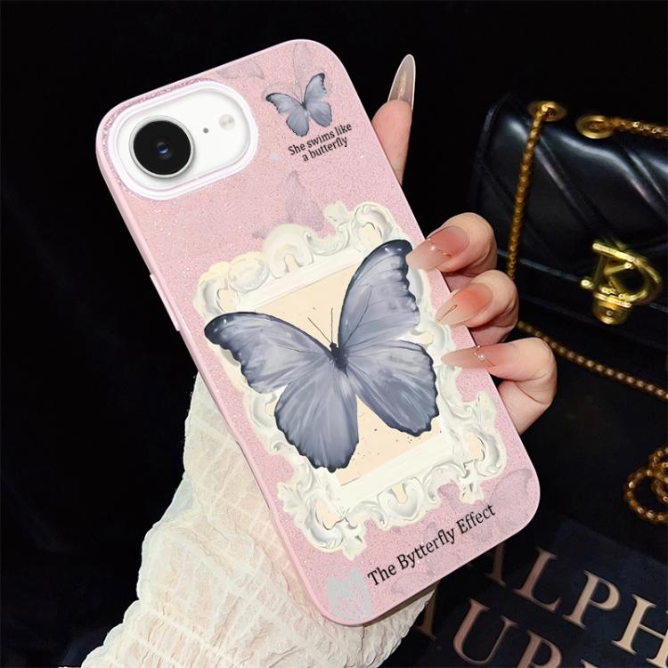 For iPhone 17e / 16e Blue Butterfly Pattern IMD Glitter PC Hybrid TPU Phone Case