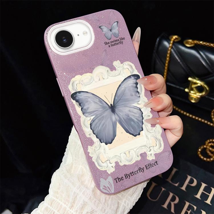 For iPhone 17e / 16e Blue Butterfly Pattern IMD Glitter PC Hybrid TPU Phone Case