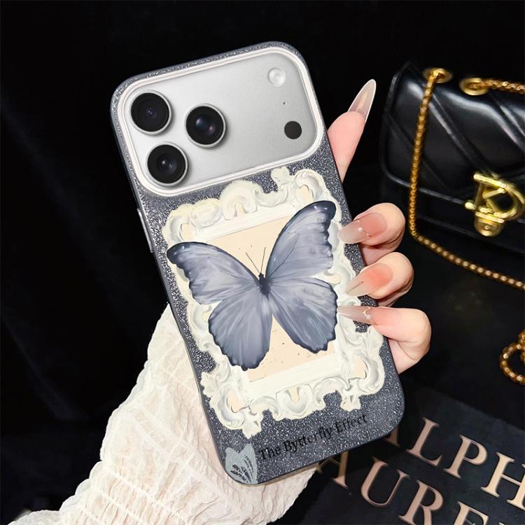For iPhone 17 Pro Blue Butterfly Pattern IMD Glitter PC Hybrid TPU Phone Case