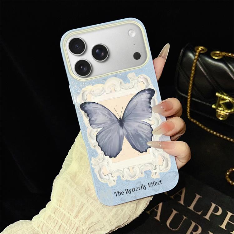 For iPhone 17 Pro Blue Butterfly Pattern IMD Glitter PC Hybrid TPU Phone Case