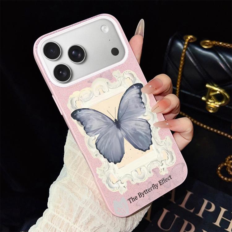For iPhone 17 Pro Blue Butterfly Pattern IMD Glitter PC Hybrid TPU Phone Case