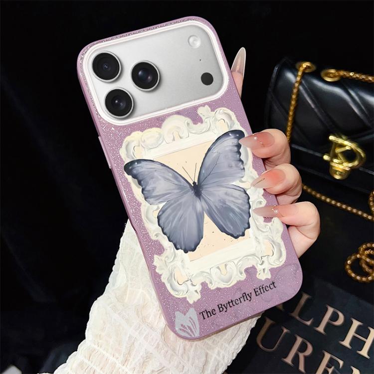 For iPhone 17 Pro Blue Butterfly Pattern IMD Glitter PC Hybrid TPU Phone Case
