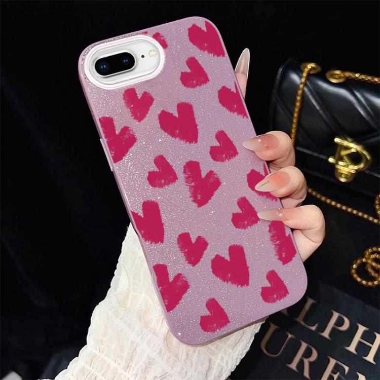 For iPhone 8 Plus / 7 Plus Rose Red Hearts Pattern IMD Glitter PC Hybrid TPU Phone Case