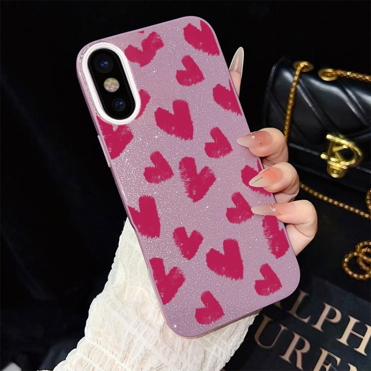 For iPhone XS / X Rose Red Hearts Pattern IMD Glitter PC Hybrid TPU Phone Case