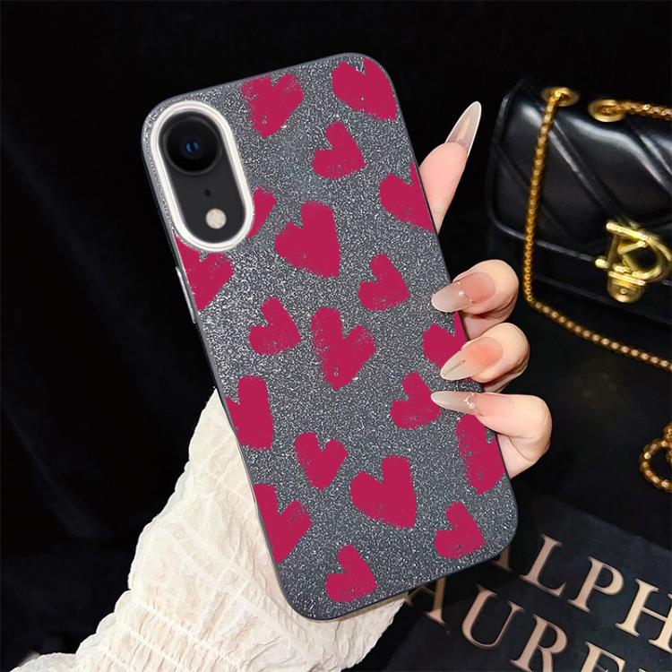 For iPhone XR Rose Red Hearts Pattern IMD Glitter PC Hybrid TPU Phone Case