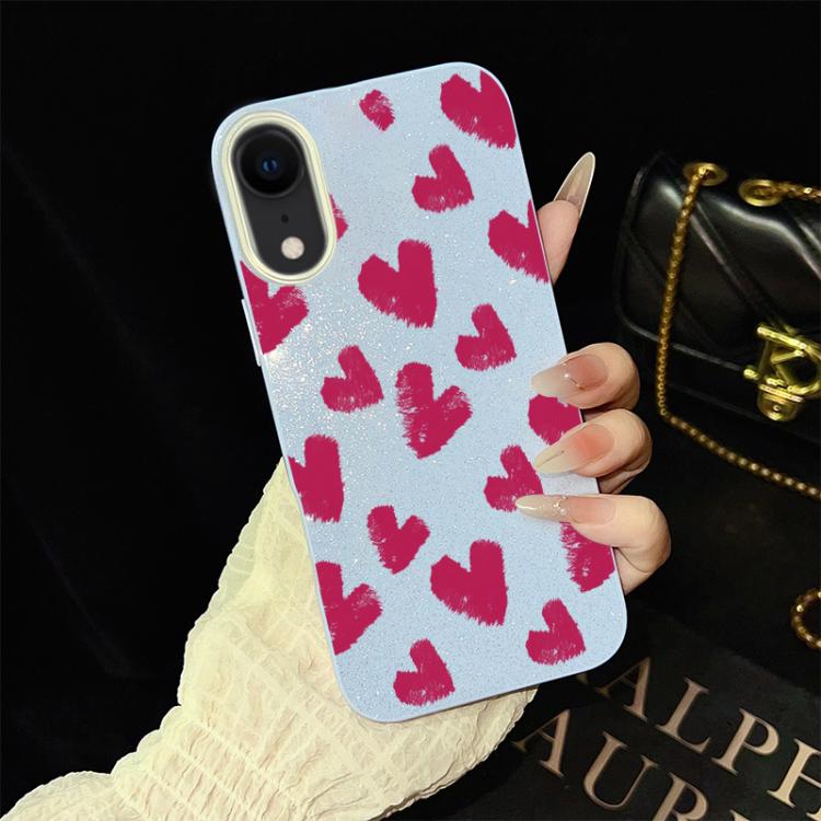 For iPhone XR Rose Red Hearts Pattern IMD Glitter PC Hybrid TPU Phone Case