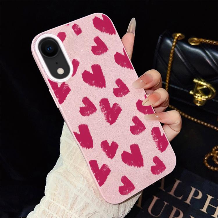For iPhone XR Rose Red Hearts Pattern IMD Glitter PC Hybrid TPU Phone Case