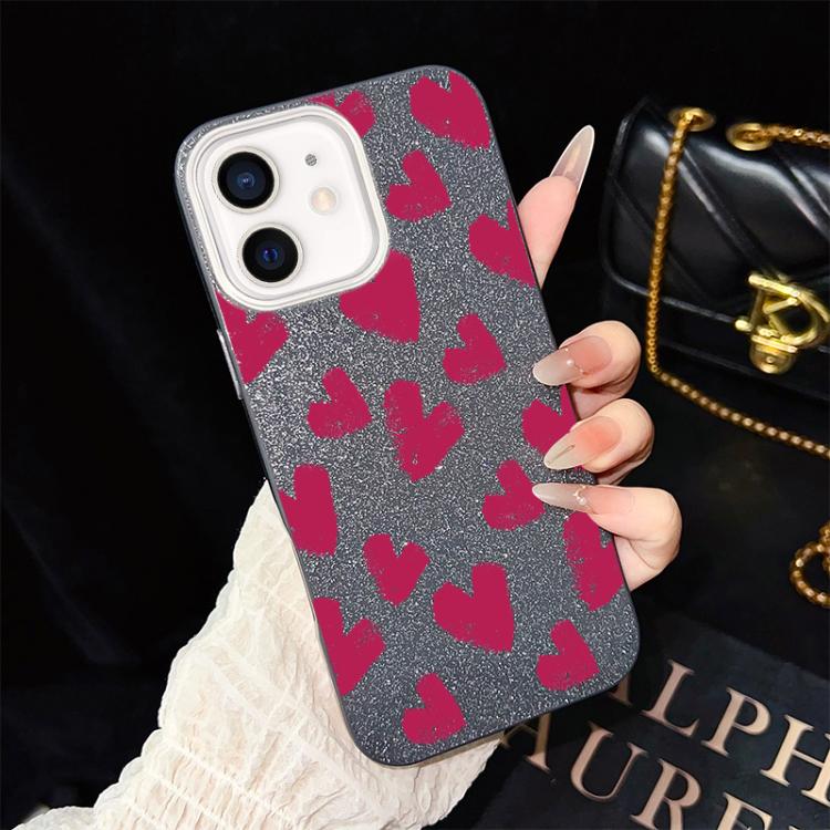 For iPhone 12 Rose Red Hearts Pattern IMD Glitter PC Hybrid TPU Phone Case